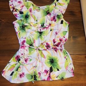 dressbarn Green and Pink Floral Blouse